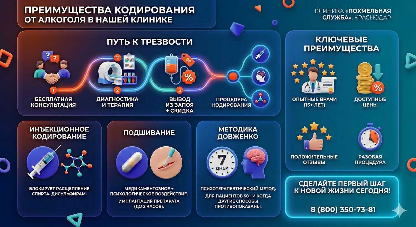 Инфографика о методах кодирования от алкоголя в Кинешме: инъекции, подшивание, метод Довженко. Преимущества клиники и этапы лечения.