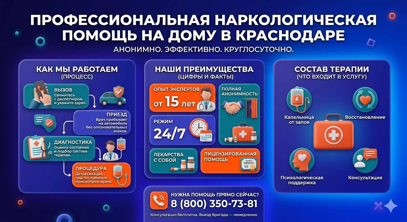 Инфографика о принципах лечения алкоголизма на дому в Кинешме: этапы вызова нарколога, преимущества анонимной детоксикации и состав медицинской помощи.